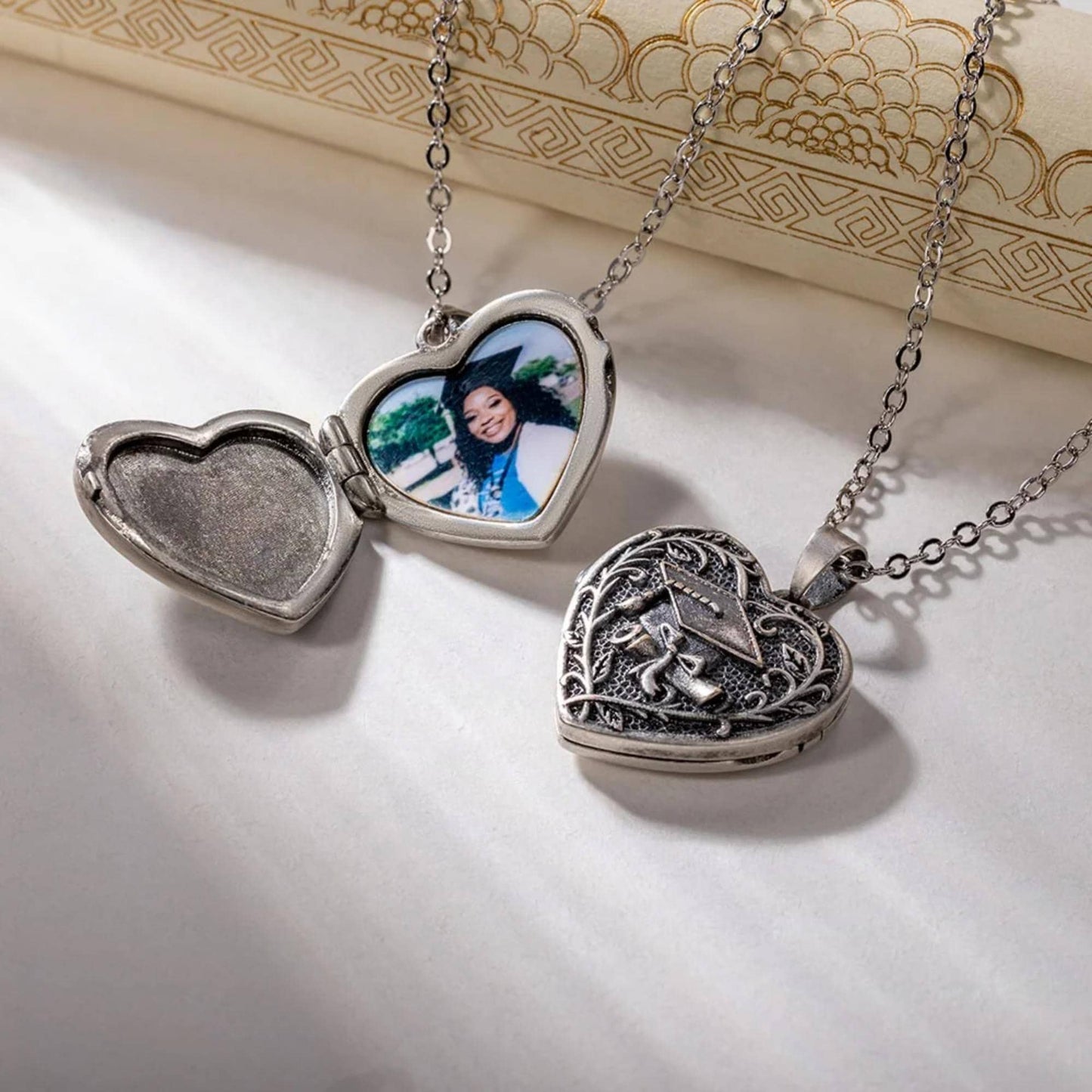 Graduation Cap Heart Locket Necklace with Photos