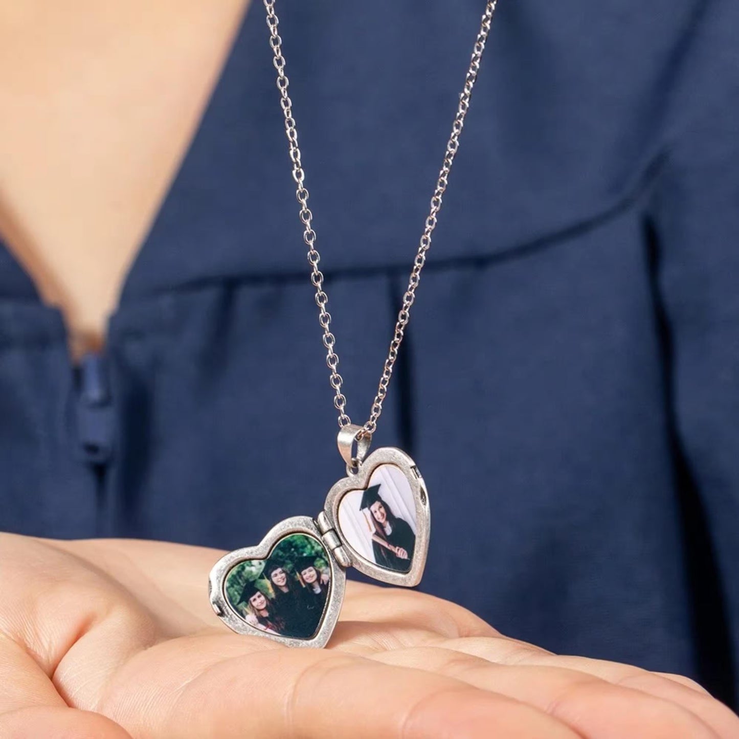 Graduation Cap Heart Locket Necklace with Photos