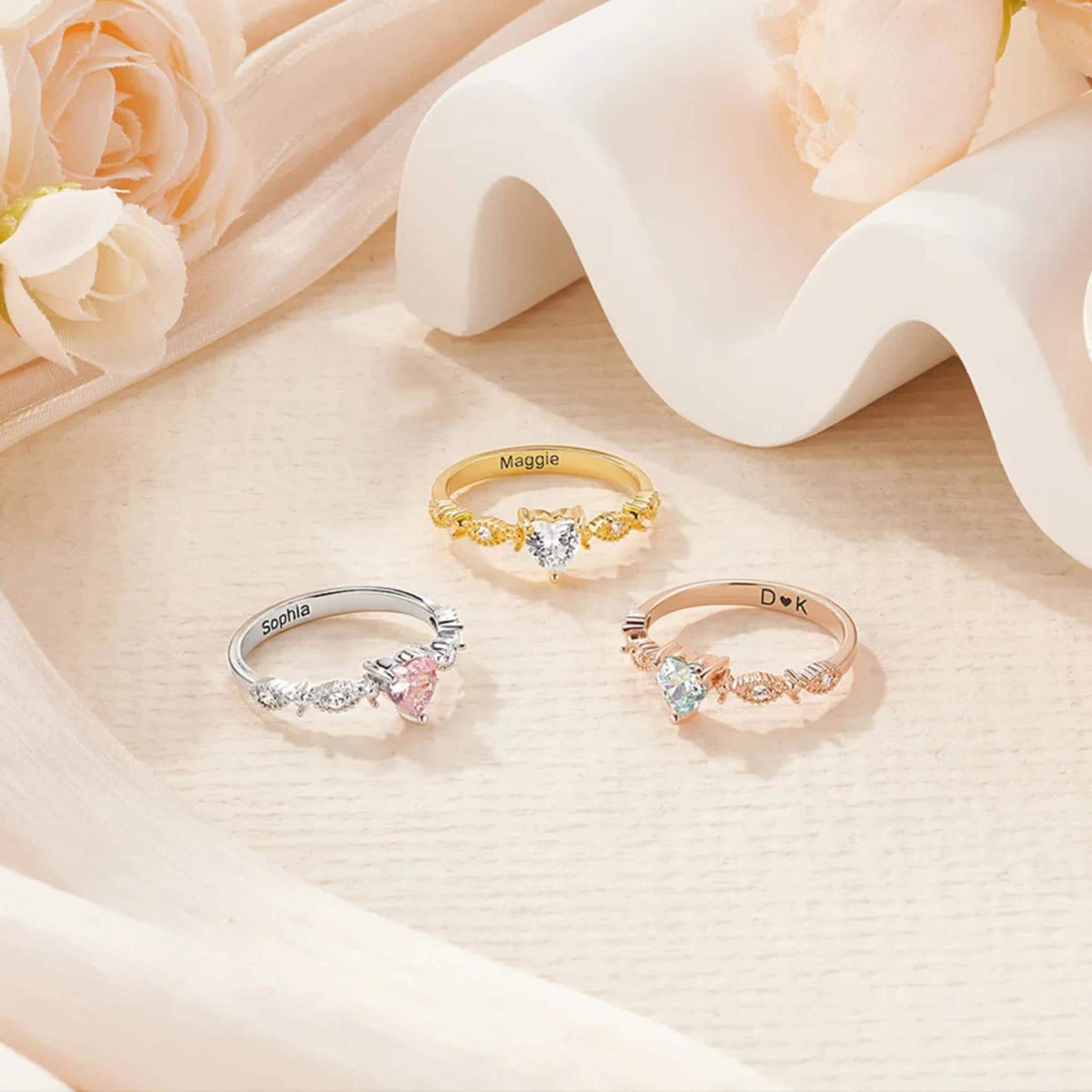 Custom Name Promise Ring with Heart Birthstone
