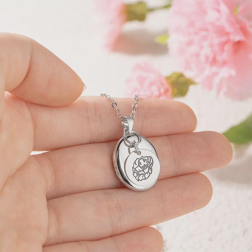 Oval Locket Pendant with Birth Flower Charm Necklace