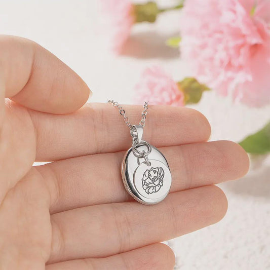 Oval Locket Pendant with Birth Flower Charm Necklace