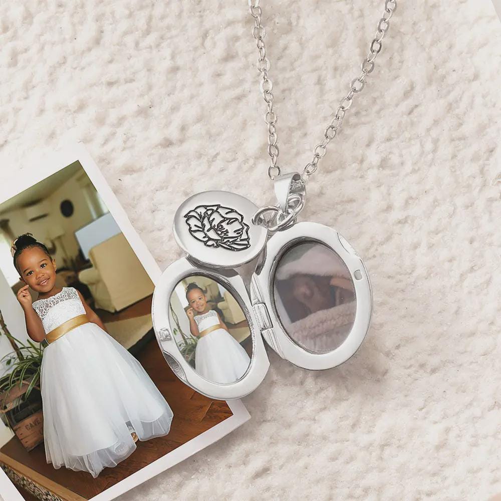 Oval Locket Pendant with Birth Flower Charm Necklace