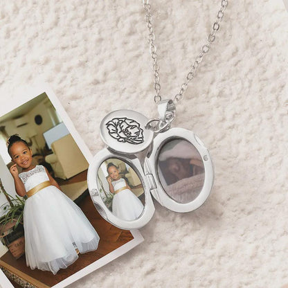 Oval Locket Pendant with Birth Flower Charm Necklace