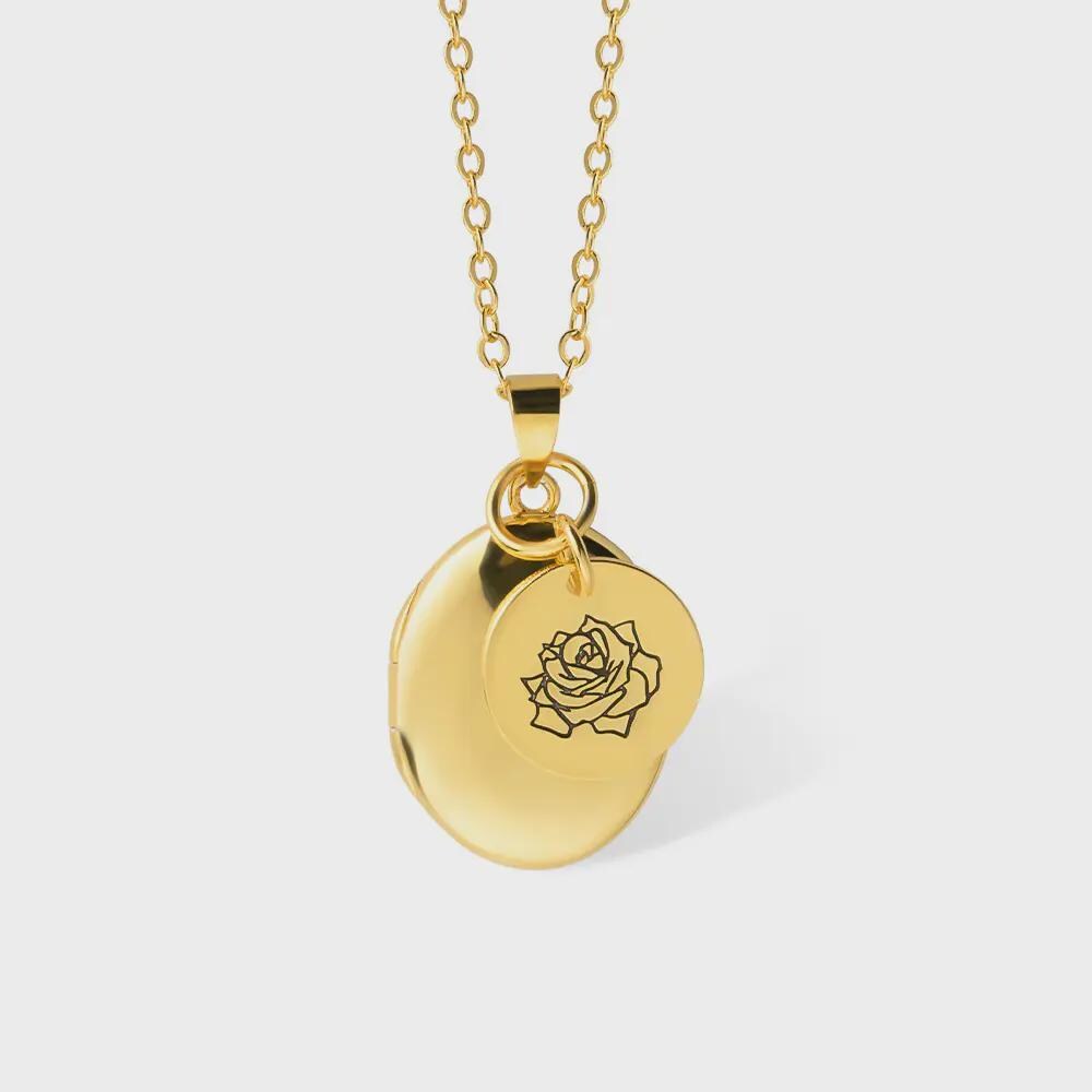 Oval Locket Pendant with Birth Flower Charm Necklace