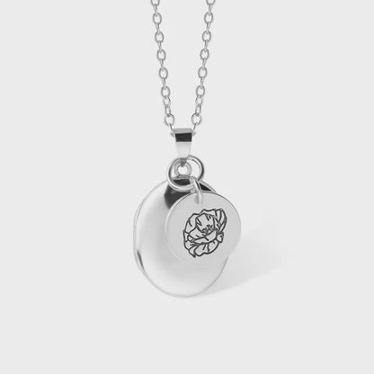 Oval Locket Pendant with Birth Flower Charm Necklace