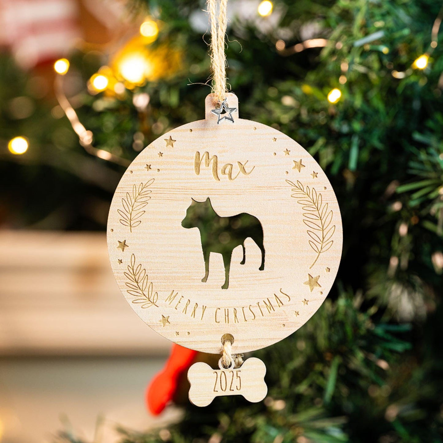 Custom Dog Silhouette Wooden Christmas Tree Ornament with Name