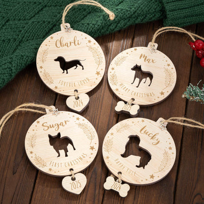Custom Dog Silhouette Wooden Christmas Tree Ornament with Name