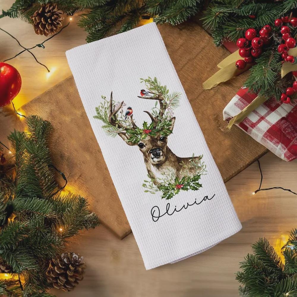 Personalized Christmas Reindeer Dish Towel