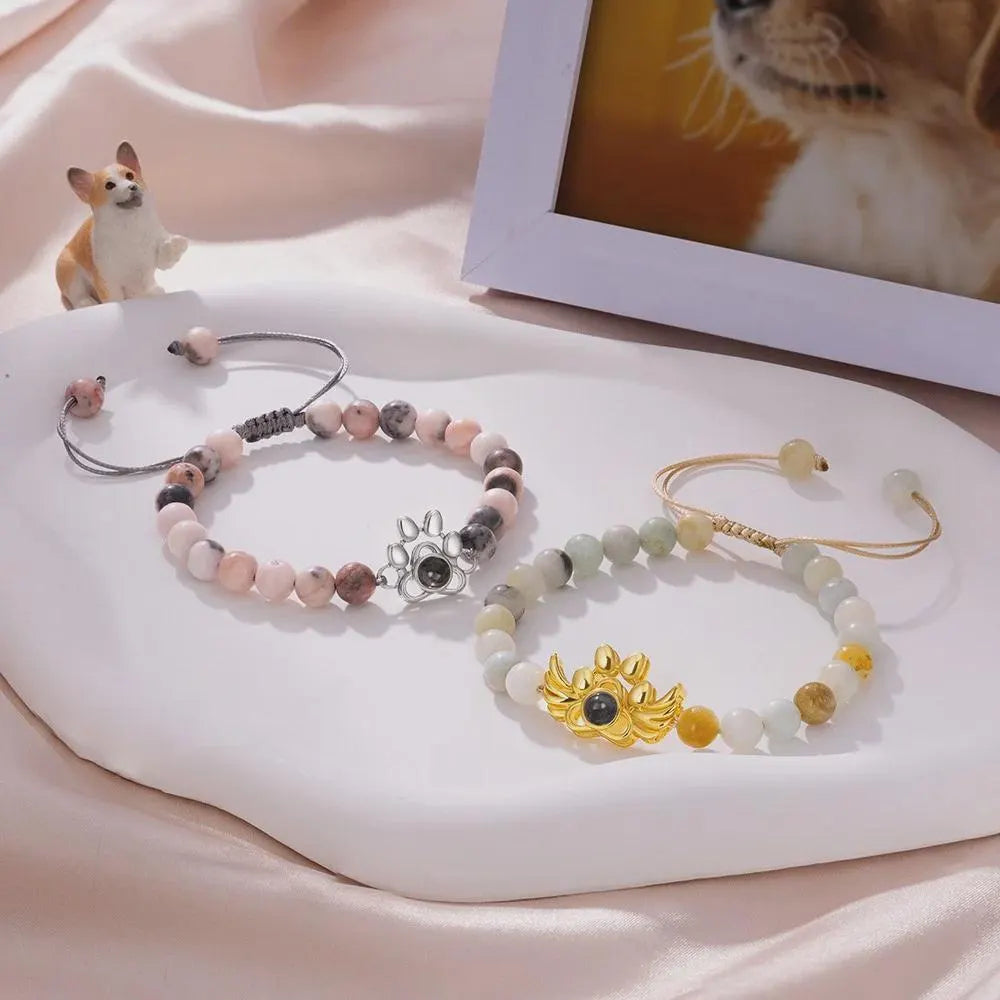 Custom Paw Print Photo Projection Bracelet with Stone Beads