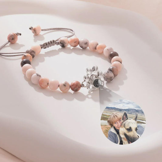 Custom Paw Print Photo Projection Bracelet with Stone Beads