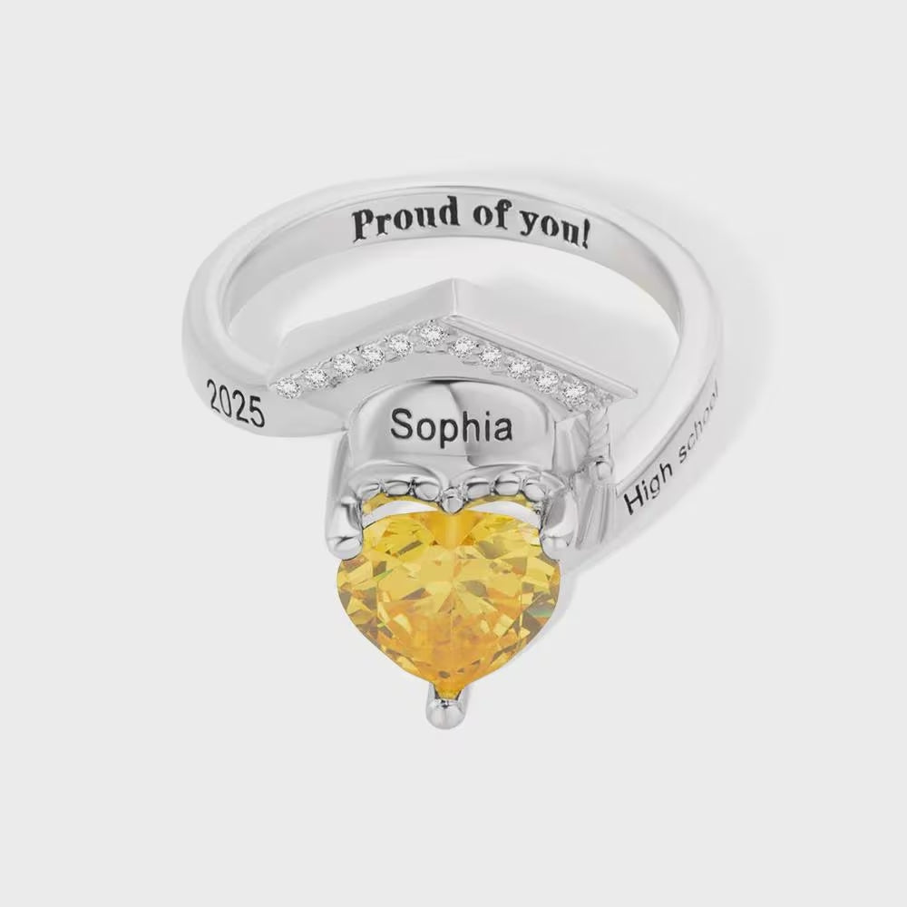 Personalized Graduation Cap Ring with Heart Birthstone