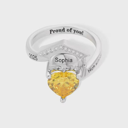 Personalized Graduation Cap Ring with Heart Birthstone