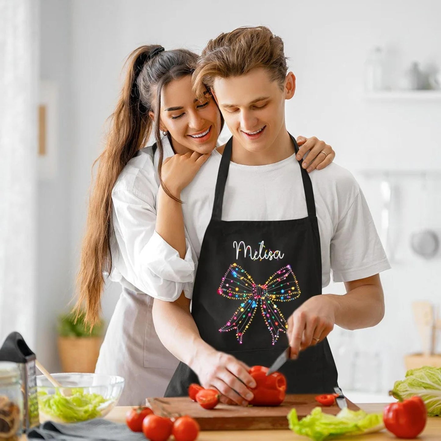 Christmas Light Coquette Bow Custom Holiday Kitchen Apron