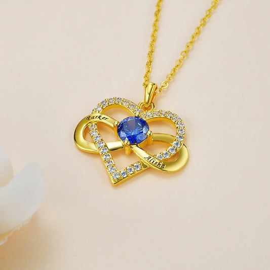 Infinity Heart Necklace with Names & Birthstone