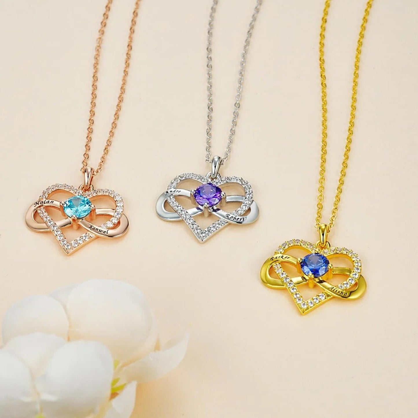 Infinity Heart Necklace with Names & Birthstone