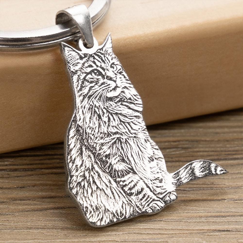 Custom Pet Portrait Keychain, Personalized Engraved Silver Keyring Keepsake