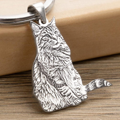 Custom Pet Portrait Keychain, Personalized Engraved Silver Keyring Keepsake