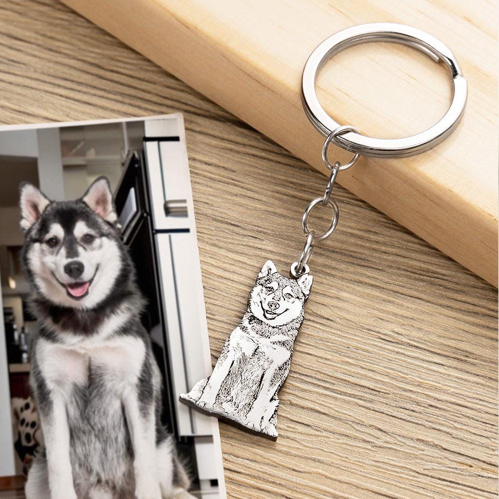 Custom Pet Portrait Keychain, Personalized Engraved Silver Keyring Keepsake