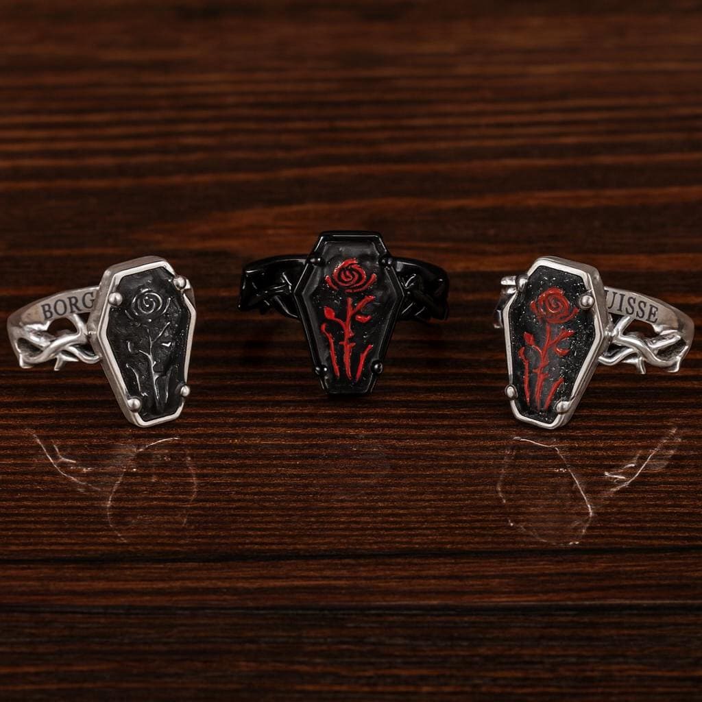 Personalized Gothic Coffin Vintage Rose Ring