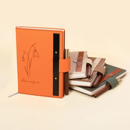 Outline Birth Flower Notebook with Engraved Name & Wooden Pen