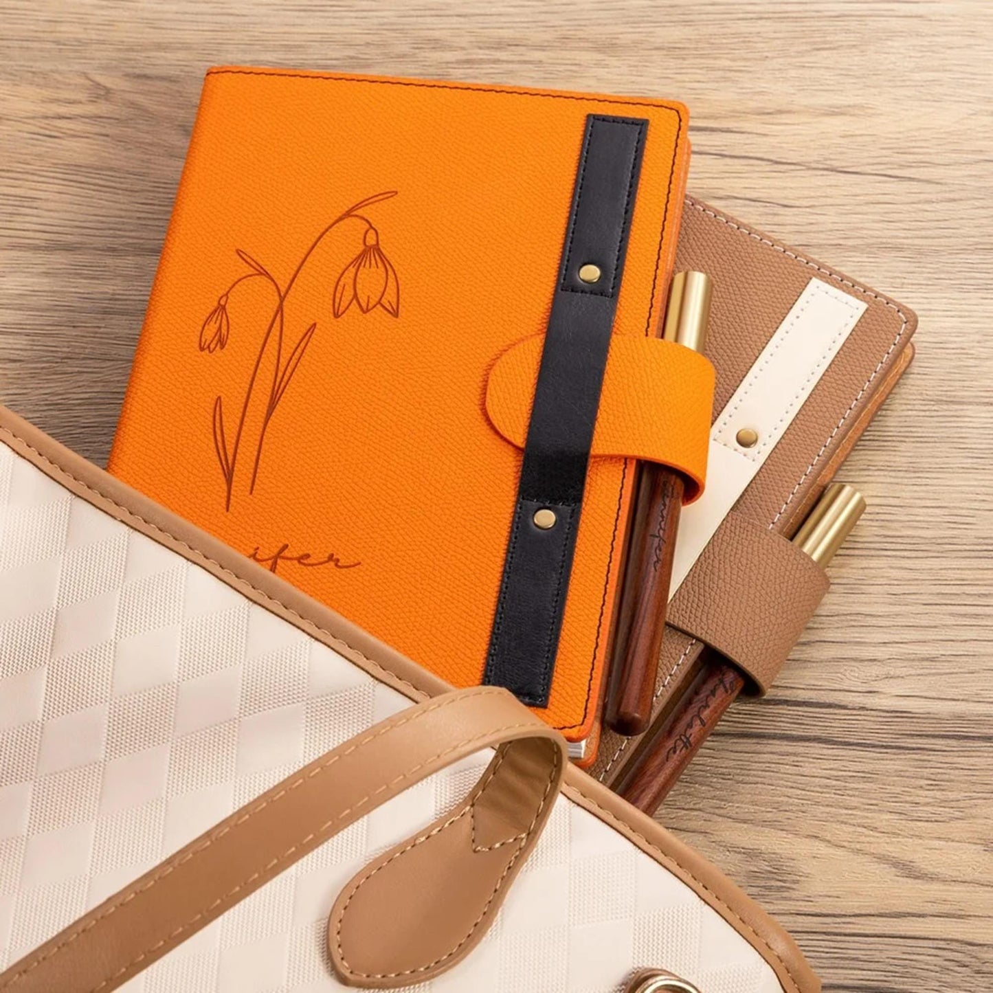 Outline Birth Flower Notebook with Engraved Name & Wooden Pen