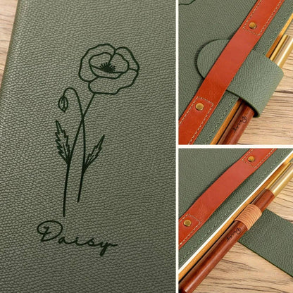 Outline Birth Flower Notebook with Engraved Name & Wooden Pen