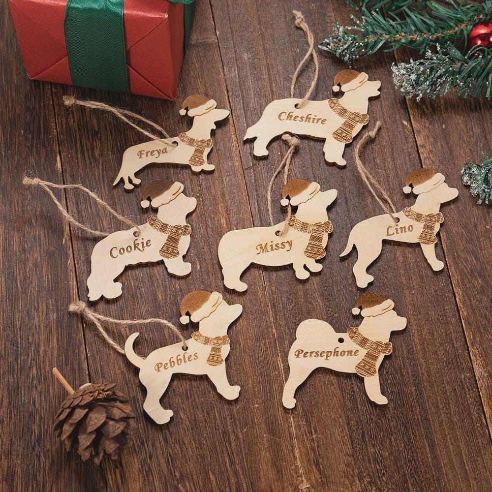 Personalized Dog Silhouette Wooden Tag with Santa Hat & Scarf