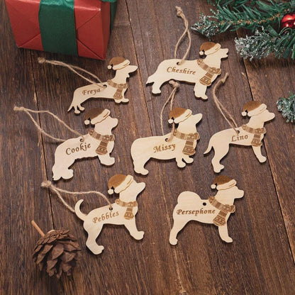 Personalized Dog Silhouette Wooden Tag with Santa Hat & Scarf