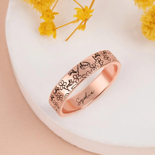 Custom Birth Flower Stacking Ring with Engraving