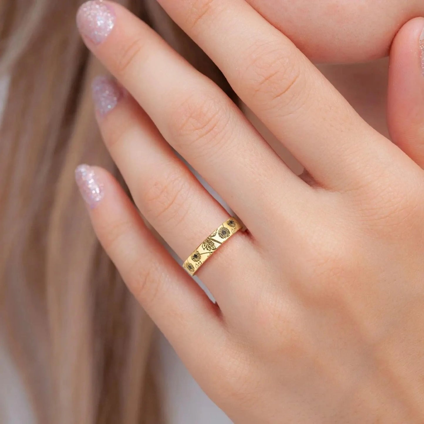 Custom Birth Flower Stacking Ring with Engraving