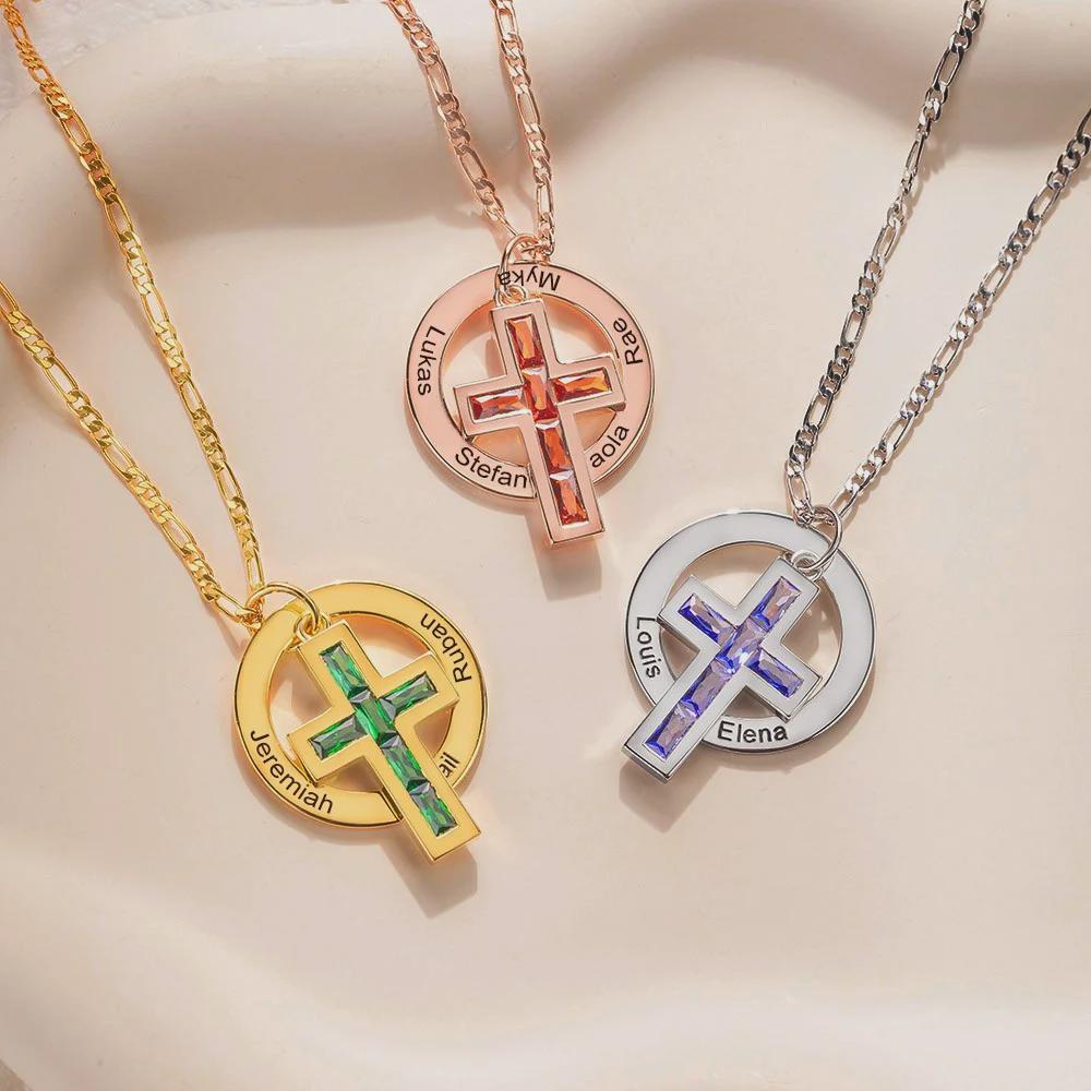 Circle Family Cross Necklace with Birthstone & Names