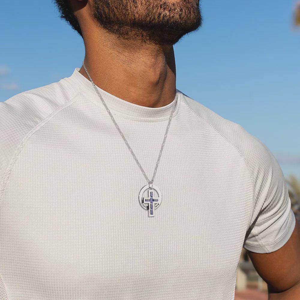 Circle Family Cross Necklace with Birthstone & Names