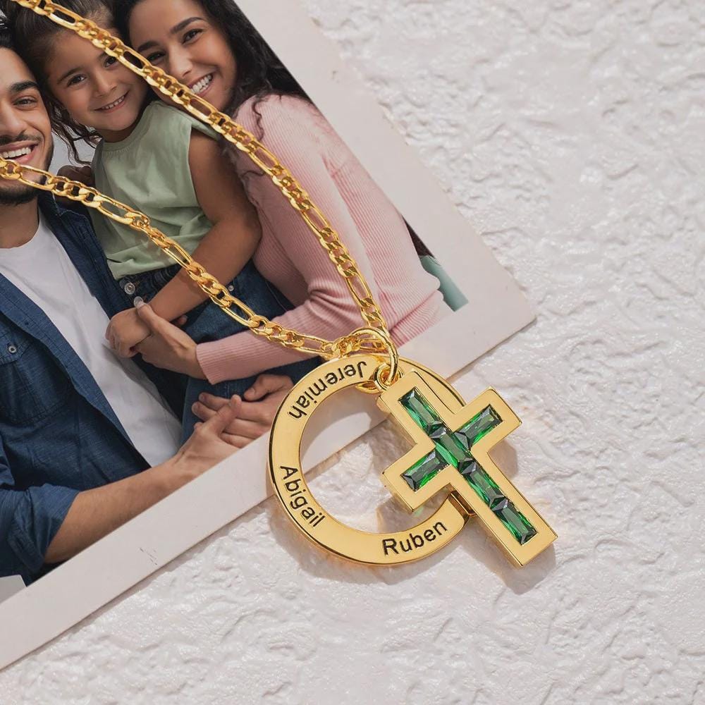 Circle Family Cross Necklace with Birthstone & Names