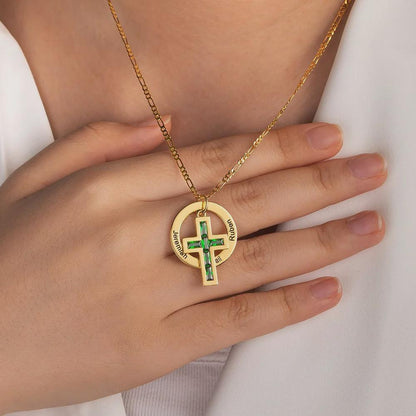 Circle Family Cross Necklace with Birthstone & Names