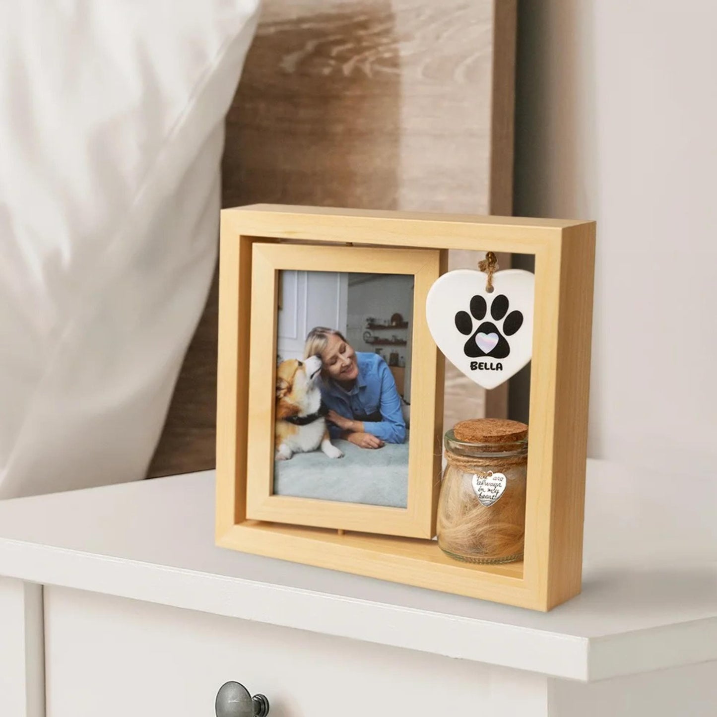 Wooden Pet Photo Frame with Paw Print Charm & Pet Ashes Jar
