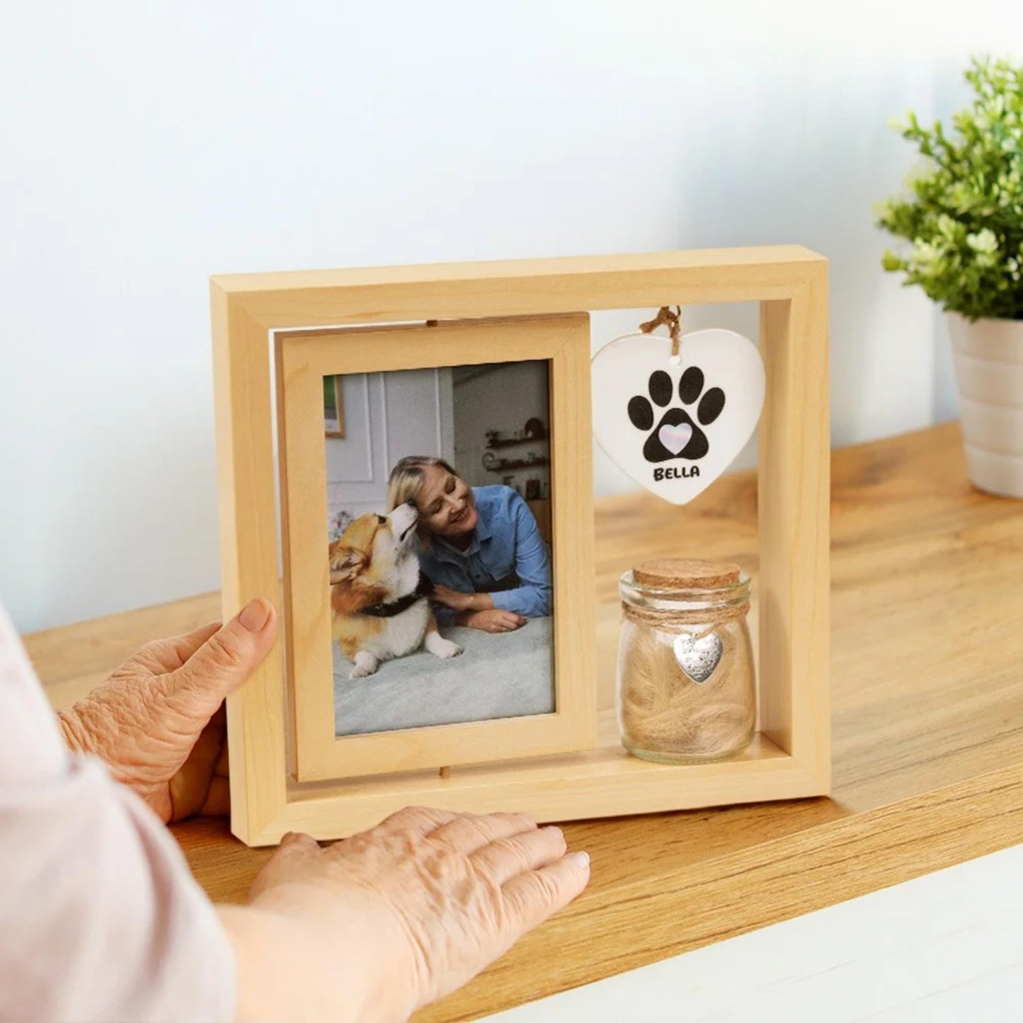 Wooden Pet Photo Frame with Paw Print Charm & Pet Ashes Jar