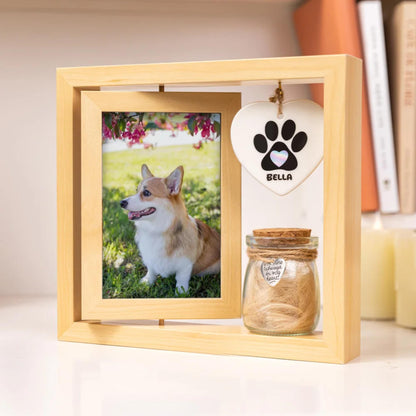 Wooden Pet Photo Frame with Paw Print Charm & Pet Ashes Jar