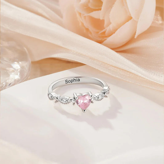 Custom Name Promise Ring with Heart Birthstone
