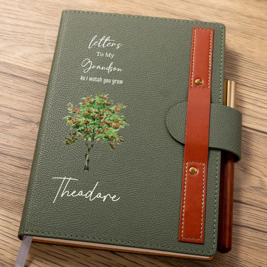 Personalisiertes Notizbuch mit Geburtsblume/Geburtsbaum, Erinnerungstagebuch mit Holzstift, Briefebuch an Enkel/Enkelin, Geschenk für Großeltern