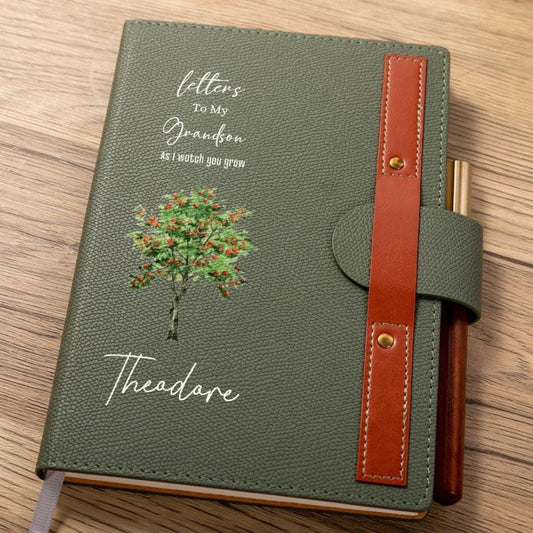 Personalisiertes Notizbuch mit Geburtsblume/Geburtsbaum, Erinnerungstagebuch mit Holzstift, Briefebuch an Enkel/Enkelin, Geschenk für Großeltern