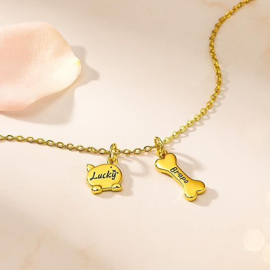 Personalisierte Halskette mit Namensanhänger für Haustiere, Halskette aus Sterlingsilber mit Hundeknochen- und Katzenkopfanhängern und Pfotenabdruck, Schmuck für Hunde-/Katzenmütter oder Tierliebhaber