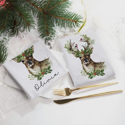 Personalized Christmas Reindeer Dish Towel