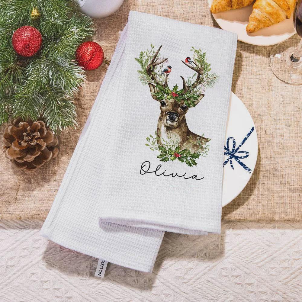 Personalized Christmas Reindeer Dish Towel