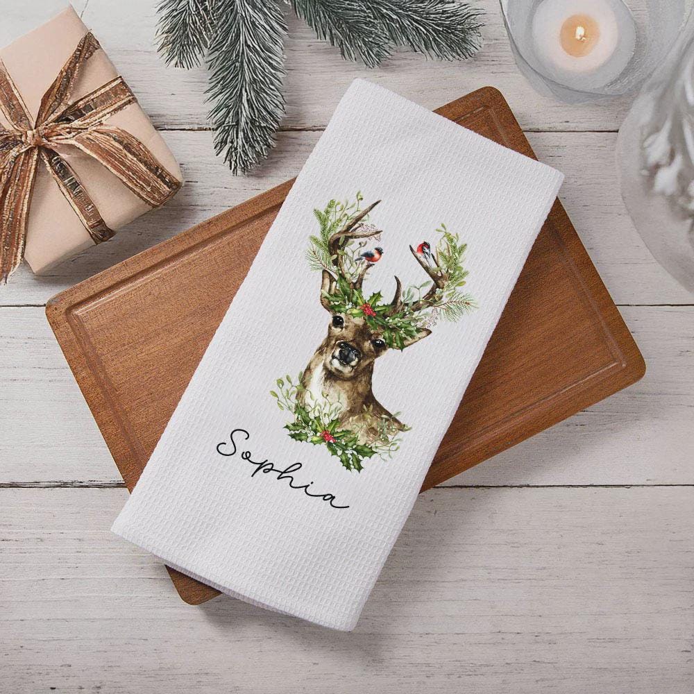 Personalized Christmas Reindeer Dish Towel