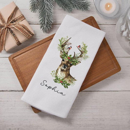 Personalized Christmas Reindeer Dish Towel