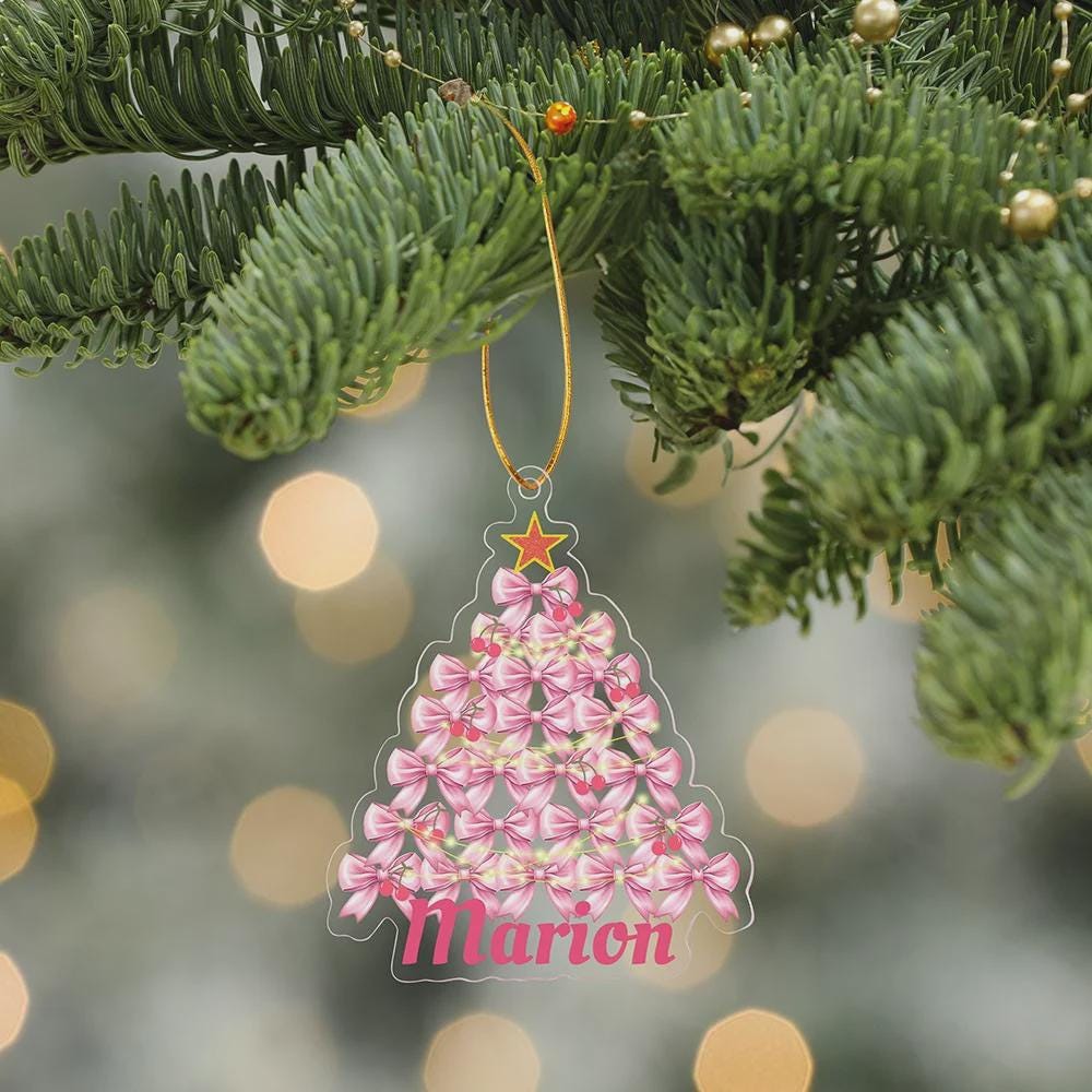 Custom Coquette Pink Bow Christmas Ornament with Name