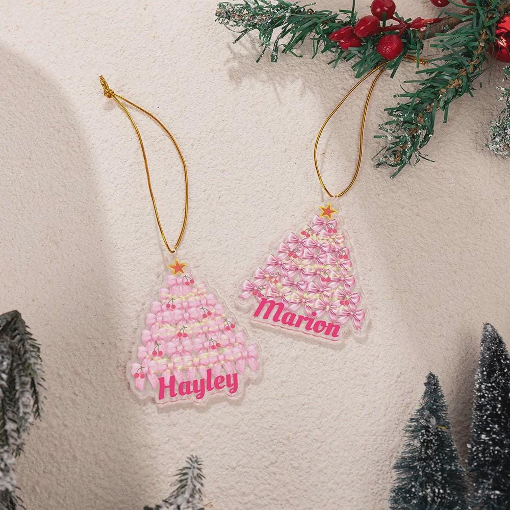 Custom Coquette Pink Bow Christmas Ornament with Name