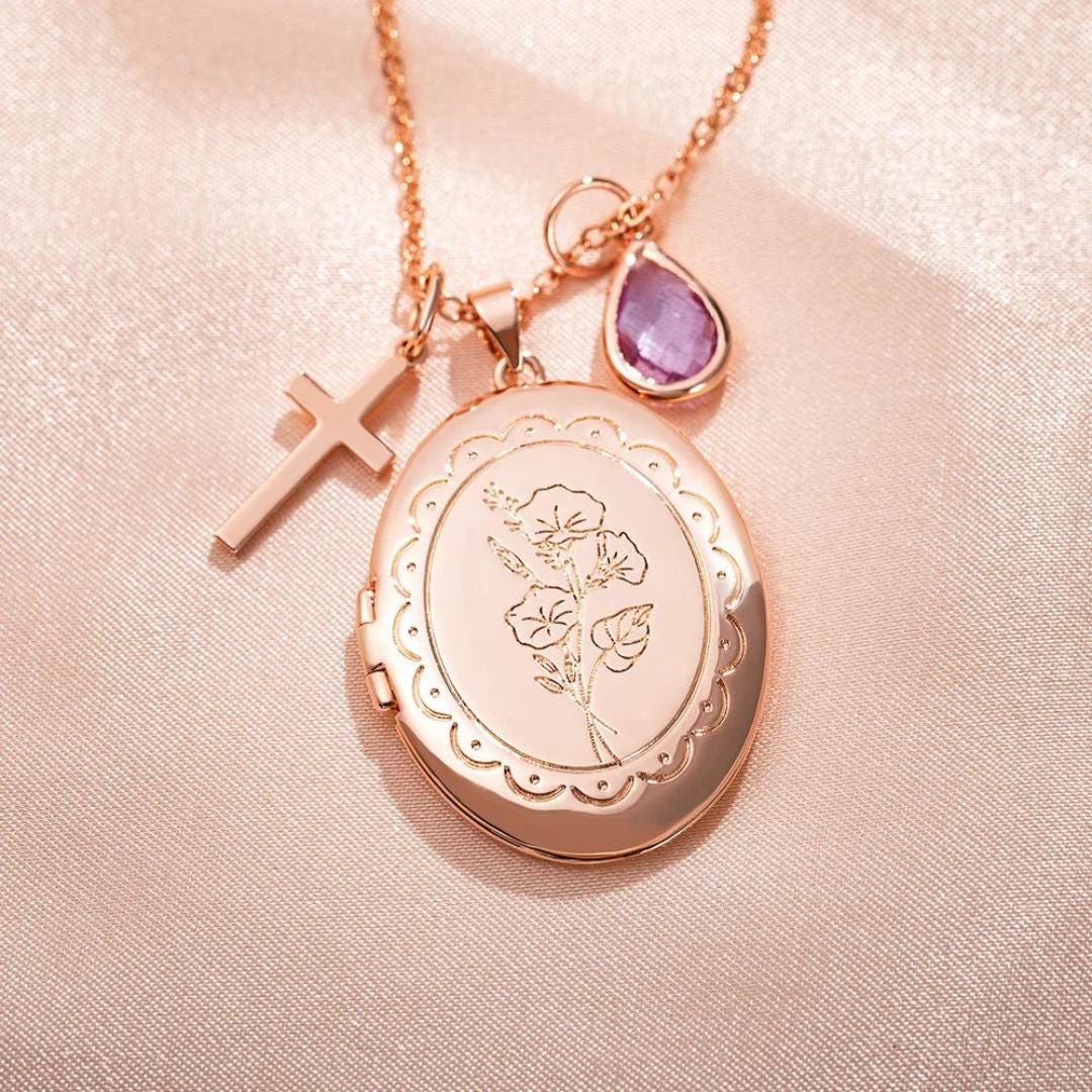 Custom Locket Necklace with Birth Flower & Birthstone