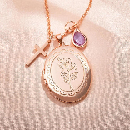Custom Locket Necklace with Birth Flower & Birthstone