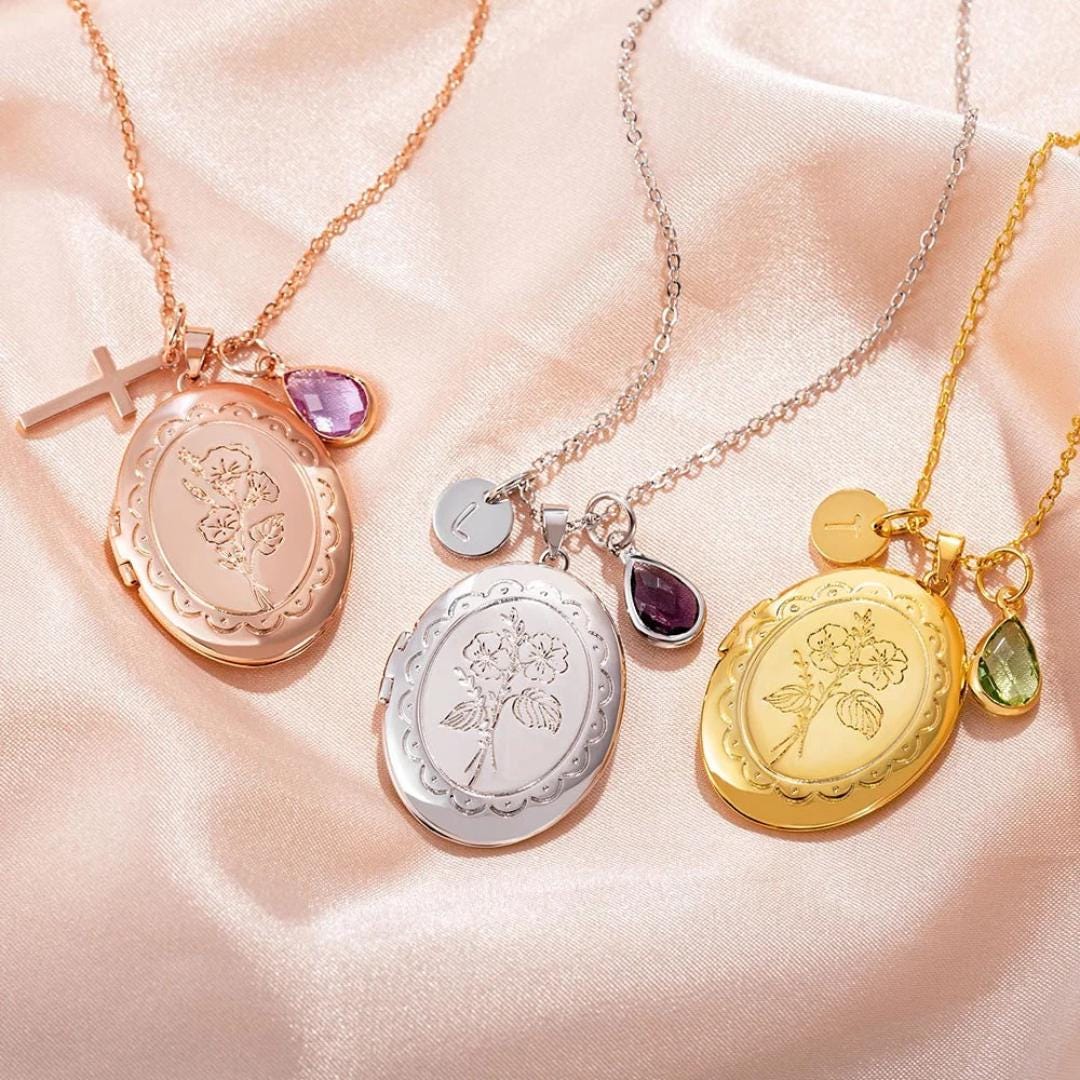 Custom Locket Necklace with Birth Flower & Birthstone